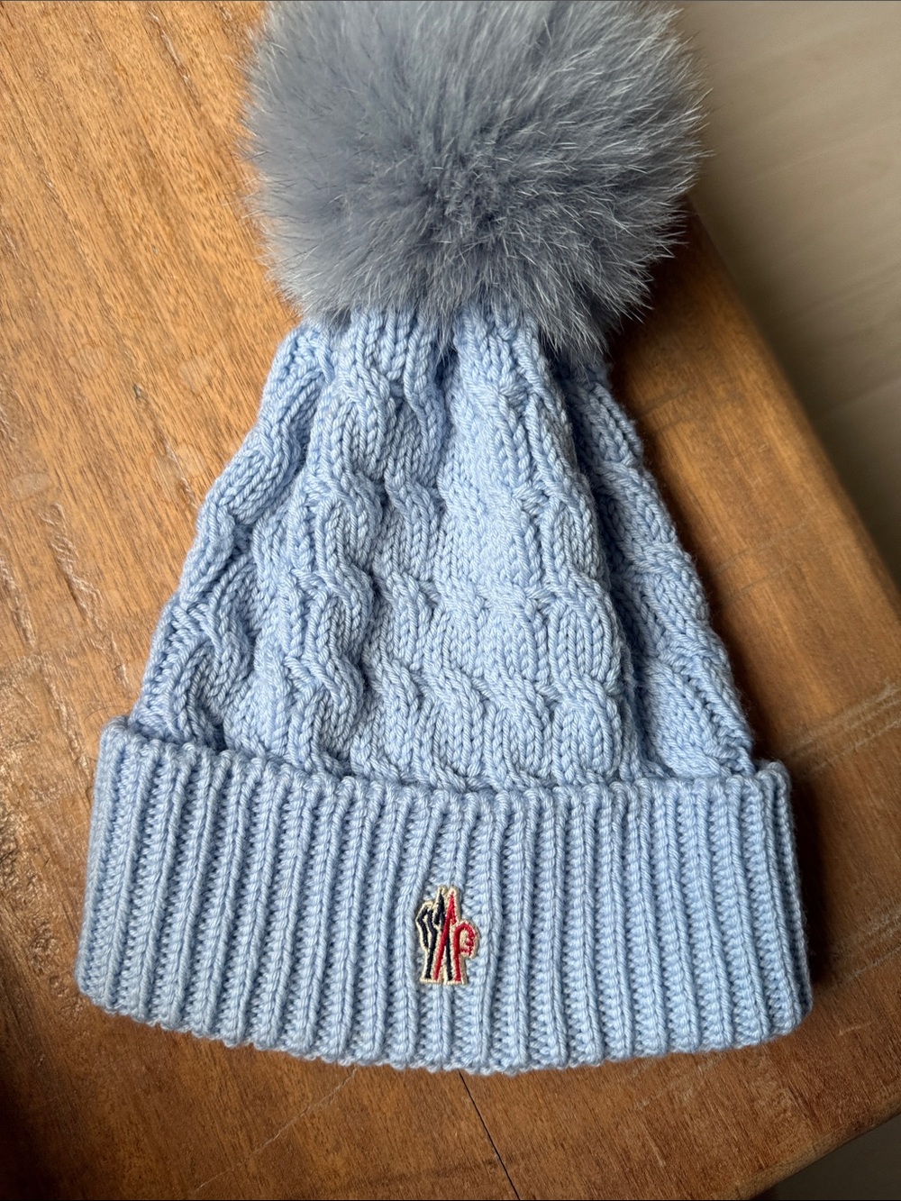 Moncler Light Blue Cable-Knit Pom Beanie Real Fur